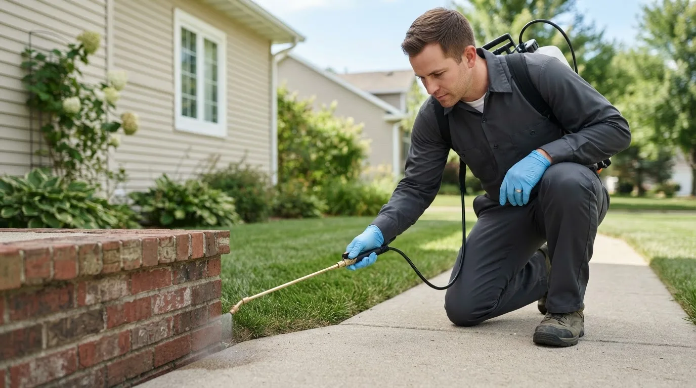 Pest control technician treating a home near Alvada, OH