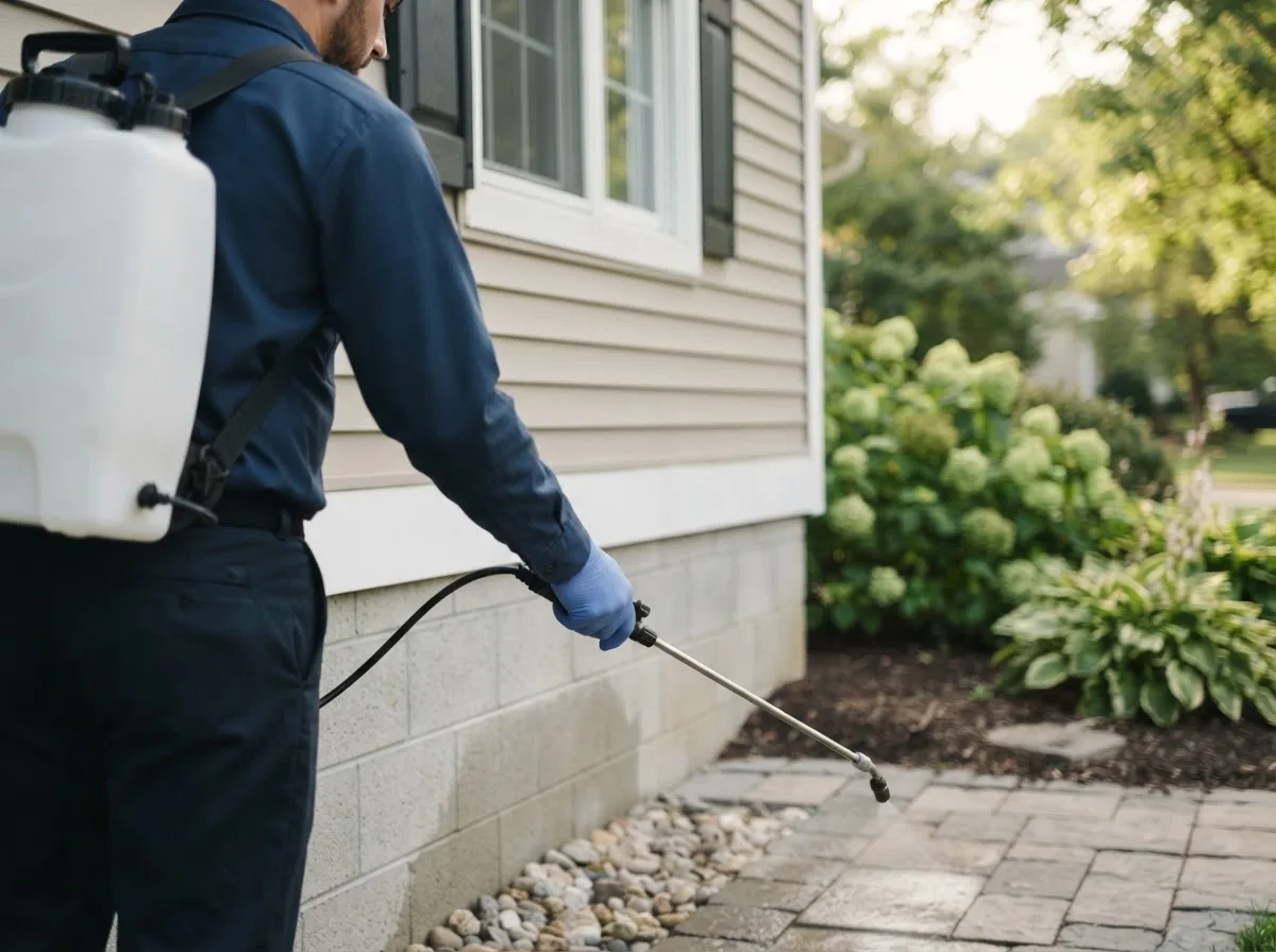 Pest control technician inspecting a home in Alvada, OH